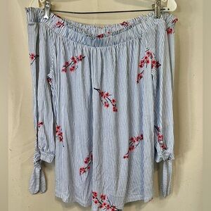 Olive & Oak Blue Striped Floral Blouse halter off-shoulder